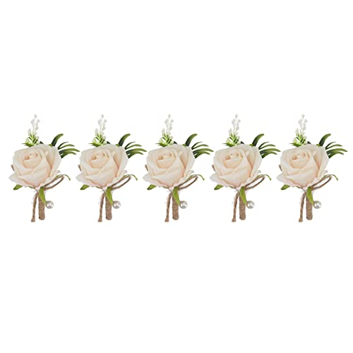 5PCS Rose Wedding Boutonniere Pin Fixed,Handmade Corsage Buttonhole Flowers Artificial Wedding Prom Banquet Flowers Decor with Pin for Bride and Groom (Champagne)