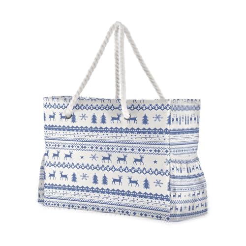 Large Beach Bags Totes Canvas Tote Shoulder Bag Christmas Reindeer Geometry Water Resistant Bags for Gym Travel Daily