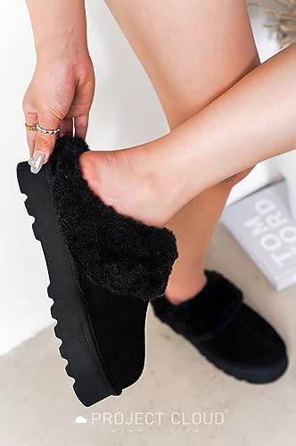 Project Cloud Womens Slippers - Water Resistant House Slippers - Fuzzy Fur Lining & Wool Collar House Shoes - Cow Suede Platform Slippers for Women Indoor and Outdoor (Snowy, Black, 8) | Image 4