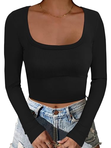 ANRABESS Women's Long Sleeve Square Neck Crop Top Ribbed Slim Fitted Basic Tee Layer Y2K Shirts Fall Fashion Outfits 2025