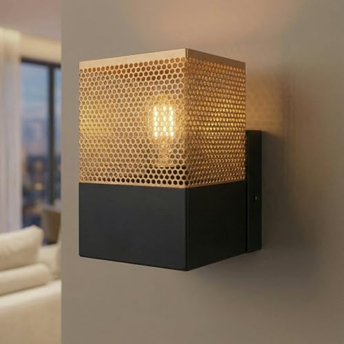 Aplique de pared retro E27 negro y dorado de metal cuadrado 10 cm