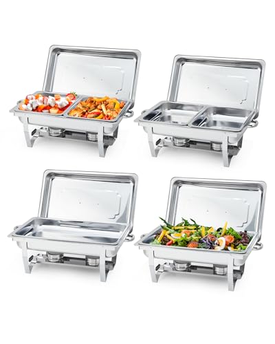 Garvee Versatilidad para Grandes Eventos – Juego de 4 bandejas Chafing Dish rectangulares de 8L – Acero Inoxidable con Tapas y 6 bandejas para Comida – Bodas, Banquetes y Catering – 4 Piezas, 2