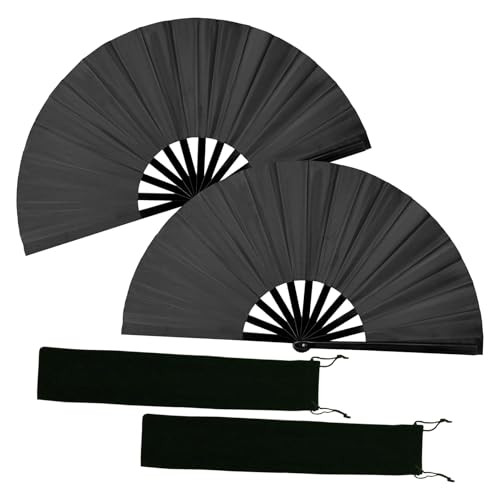 EOSAU 2 Pcs Boots on The Ground Hand Fan, Large Rave Fan Clacking Fans for Line Dancing Popping Folding Hand Fan Foldable for Kungfu Festival EDM Party Music (Black)