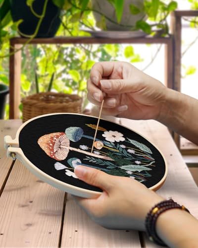 Image of TINDTOP Embroidery Kit for Adult Beginners, Embroidery DIY Starter Kit | 2 Pack with Mushroom Stamped Patterns, Hoop, Tools, Colorful Threads with Needles, Instructions