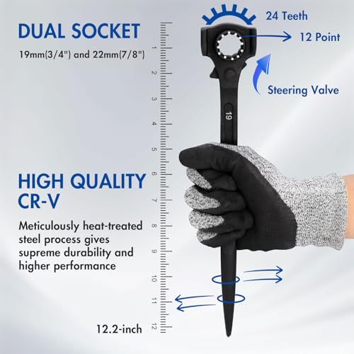Image of DAKCOS 3 /4 inch x 7 /8 inch Ratchet Spud Wrench with Hammer Head, 12 Point Double Ended Socket Ratcheting Podger Scaffold Wrench, Black