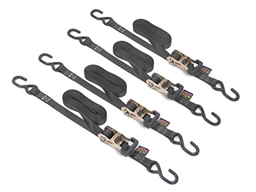 Powertye 1in x 15ft Rubber Handle Yellow-Zinc Ratchet Straps with 4in S-Hooks - 500 lb. Working Load Limit / 1,500 lb. Breaking Strength - Made in USA - Black (4-Pack)