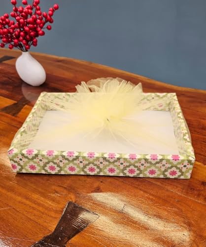 Image of SATYAM KRAFT 3 Pcs Multipurpose Decorative Folding Gift Box, Gift hampers | Paper Gift Hamper Boxes for wedding Birthday Return Gifts, Sweets, DIY Craft | Rectangular Cardboard Tray with Net (Green)