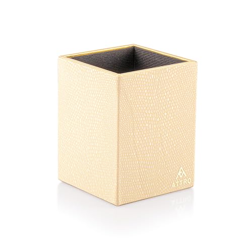 Image of Attro Pen Stand Wooden Designer Square Pen Holder Multipurpose Wooden Desk Organizer Perfect for Study Table, Office Desk- Cream