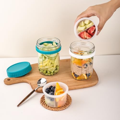Image of 6 Pack Overnight Oats Containers with Lids and Spoons, 16 OZ Glass Mason Jars with Removable Separate Compartments, Airtight Leak Proof Oatmeal Container for Chia Pudding, Yogurt, Breakfast, Cereal
