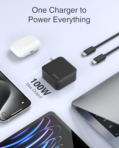 Image of Nekteck 100W USB C Charger, Compact and Foldable Fast Charging GaN IV Charger with 6.6 Ft Cable, Compatible with MacBook Air /Pro, iPad Pro and All USBC Devices (Black)