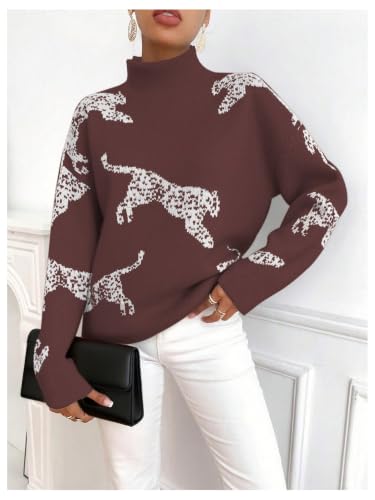 Image of WDIRARA Women's Leopard Tiger Print Sweater High Neck Long Sleeve Fuzzy Knitted Pullover Top