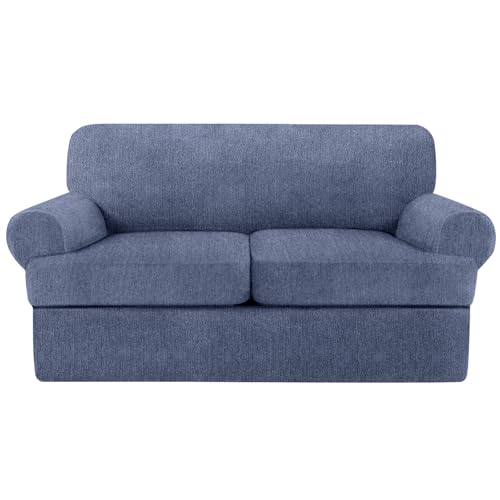 T Cushion Loveseat Slipcover 3 Pieces Sofa Covers for T Cushion Sofa Stretch Slip Covers for 2 Cushion Couch with 2 Individual T Shape Seat Covers (Blue Gray, 2 Cushion)