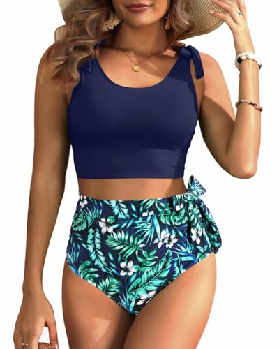 Image of Yonique Two Piece High Waisted Swimsuits - Women Tummy Control Bikini Modest Bathing Suit 2PC 2025