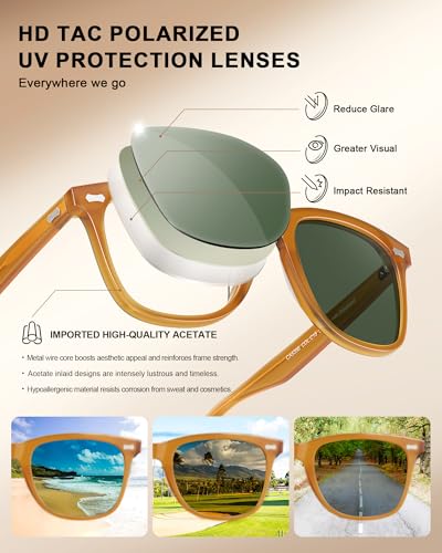 Image of CARFIA Thick Polarized Sunglasses for Men UV400 Protection, Retro Square Hand-crafted Acetate Driving Shades CA5356