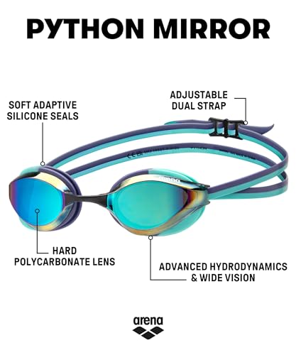 Image of ARENA Unisex Python Racing Swim Goggles for Men and Women Anti-Fog No Leak Max Comfort Dual Strap, Mirror /Non-Mirror Lens