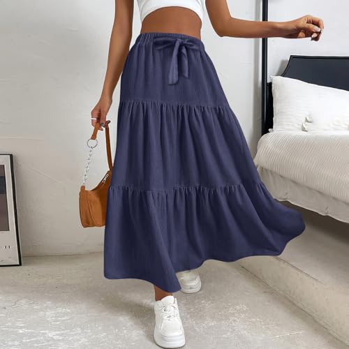 Maxi Skirts for Women Trendy High Waisted Flowy Tiered Linen Skirt Casual Pleated A-Line Beach Long Skirts with Tie3