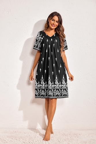Image of Ekouaer Womens House Dress Floral Print Nightgown with Pockets Mumu Dress | V Neck Nightgowns for Women Pleated Short Sleeves Mumu Dresses Knee Length Moo Moo for Sleep, Daily Wear, Vacation, Party
