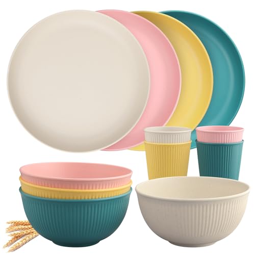 Tanice Juego de Vajilla 12pcs Vajilla de Camping para 4 Personas Kit de Vajilla de Plástico con Platos, Cuencos, Tazas Juego de Vajilla Reutilizable para Picnic, Camping, Niños