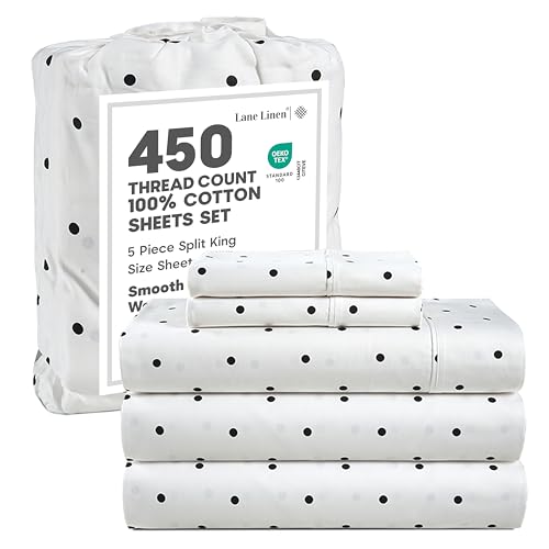 Image of Lane Linen Split King Sheets Set for Adjustable Beds - 5 PCs, 450 Thread Count Split King Sheets Set - Sateen King Split Sheets for Adjustable Bed - Split Top King Sheet Set for Beds - Polka Dot Black