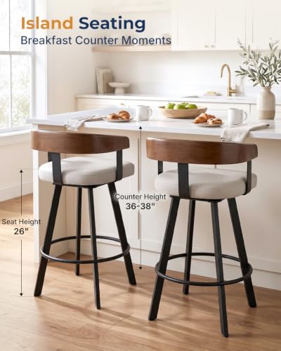 Image of FORSPARK 26 inch Swivel Counter Height Bar Stools, 350 lbs Capacity Barstool | 360 Rotation, Easy to Assemble, Wide Foam Cushion, Solid Wood Backrest, Heavy Weight for Kitchen Dining Cafe, Grey & Black