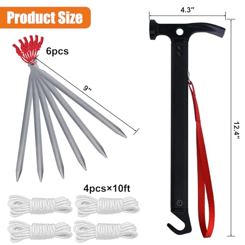 Image of Eurmax USA Hiking Camping Tent Stakes and Hammer Set Lightweight Multi-Function Tent Hammer with Tent Stake Remover,Tent Pegs for Camping, Hiking, Backpacking, Gardening(Silver Stakes)