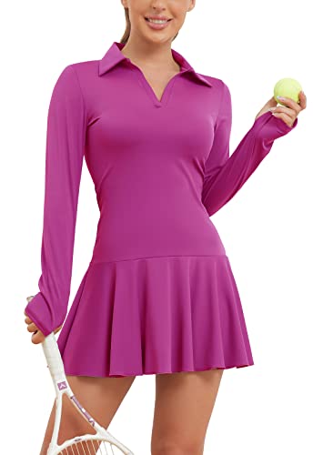 long sleeve golf dress ECUPPER Womens & Tennis with Shorts Rose Red S I0-1 Sheer Applique Slit Bridal Made with 92% Polyester Size:3XL (19-19.5 / 36-37)