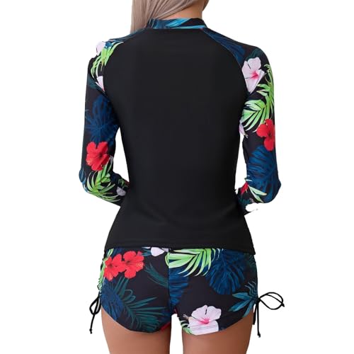 Women Long Sleeve Swimsuits Two Piece Rash Guard with Boy Shorts Zipper Swimsuit UPF 50 Modest Bathing Suit2