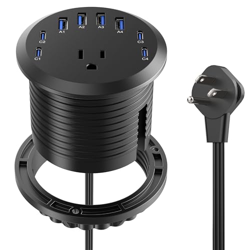 Jgstkcity 65W USB-C Hidden Desktop Power Grommet: 1 AC Outlet,8 USB Charging Ports,3'' Hole Flush Mount Pop-Up Power for Conference Tables & Nightstands (Black, 6 FT)