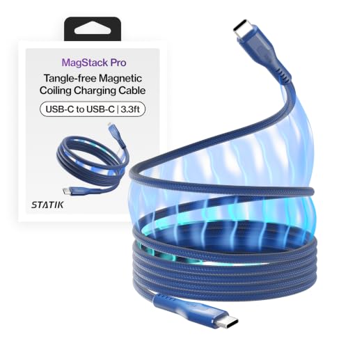 Image of Statik MagStack Pro USB C to USB C Coiling Magnetic Charging Cable,100W | Nylon Braided Tangle-Free Design, Magnetic Coiling, Data Transfer, Compatible with iPhone & Android, 3FT Navy