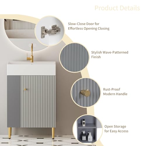 Image of 21.6 inch Freestanding Bathroom Vanity with Ceramic Sink, Matte Gray | Ceramic Sink, Wave-Pattern Door & Two-Layer Left Open Compartment, Bathroom Storage Cabinet, Easy Installation