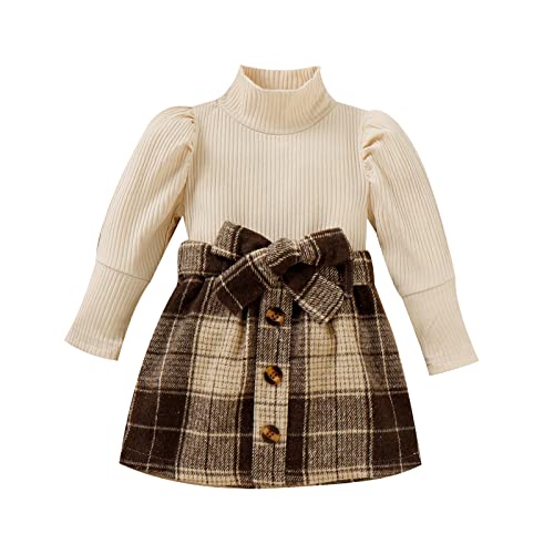 Image of Fernvia Toddler Baby Girl Fall Winter Skirt Set Turtleneck Ribbed Long Sleeve T-Shirt Top & Plaid Skirts Dress 2Pcs Outfits