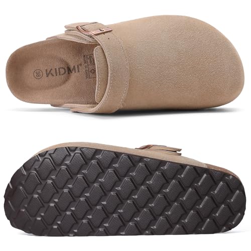 KIDMI Women's Suede Clogs with Back Strap Men's Leather Mules Cork Footbed Slip on Potato Shoes4