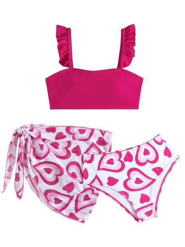 Choomomo Girls' 3 Piece Bikini Set Ruffle Straps Swim Cover Up Sets Beach Skirt Heart Print Swimwear Hot Pink 10-11 Years