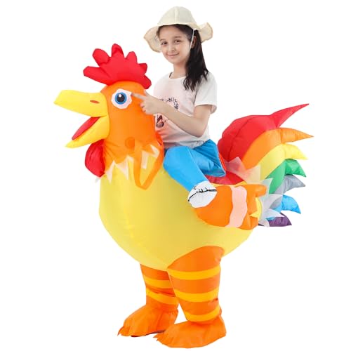 JOYBRO Inflatable Chicken Costume for Kids Funny Ride on Rooster Suit Blow Up Costumes for Boys and Girls Ideal for Halloween Christmas Carnival Theme Parties Cosplay One Size 120-150cm