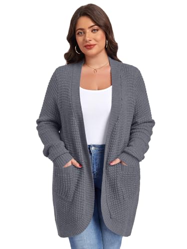 Image of LARACE Long Cardigans for Women Plus Size Tops Open Front Sweaters with Pockets Waffle Ribbed Sleeve Loose Fall Outwear