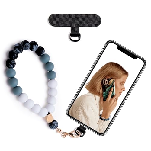Lostars Silicone Beaded Phone Wrist Strap phone bracelet strap with Tether Tab Elastic Hands-Free wristlet strap (Black)
