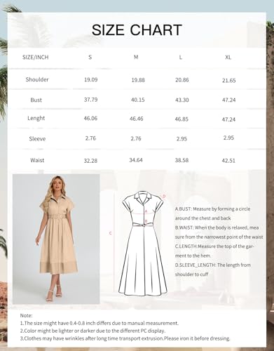 Image of Ladyful Women Casual Button Down Shirt Dress Short Wing Sleeve Buiness Midi Shirt Dress with Belt Elegant Dress