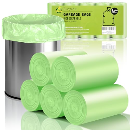 Rishipahu - Bolsas de basura pequeñas de 5 galones, 200 unidades, biodegradables, color verde, 4 galones, mini bolsas de basura para baño, oficina, dormitorio, bolsas de basura, sin perfume, 15 litros