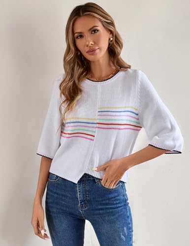 Womens Cute Striped Ribbed Knit Color Block Crewneck 3/4 Sleeve Pullover Sweater Spring 20252