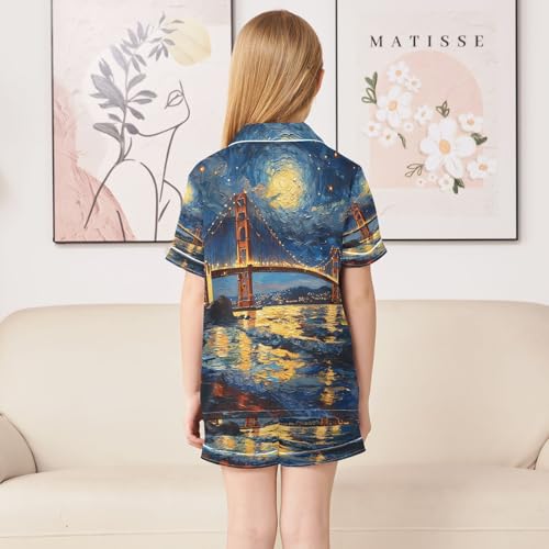 ALAZA Van Gogh Starry Sky Bridge Satin Pajamas Set Short Sleeve Button Down Sleepwear Summer Pjs 2 Piece4