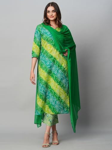Image of GoSriKi Women's Cotton Blend Printed Straight Kurta with Pant & Dupatta