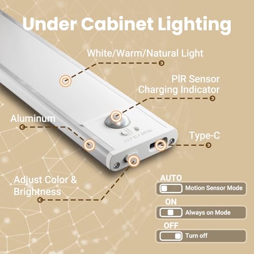 Image of Under Cabinet Lights, Motion Sensor Magnetic LED Light, 8 inch 1000mAh Rechargeable Battery Dimmable Lights with 3 Color Temps, Indoor Wireless Lighting for Kitchen, Closet, Pantry, Counter, 2 Pack