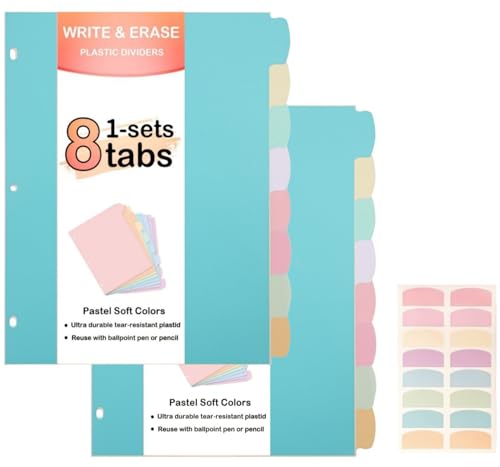 8 Tab Binder Dividers,Plastic Dividers for 3 Ring Binder,Big Tab Dividers for 3 Ring Binder with Sticker Labels, Pastel Color (2)