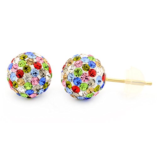 BSD Real 14k Gold Crystal Fireball Ball Stud Earrings with Gift Box- Assorted Styles Gold Ball Earrings- Real Hypoallergenic Jewelry and Accessories- Made in USA (Multi-Color)