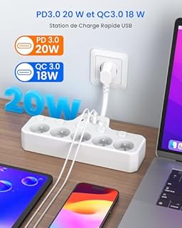 Multiprise avec Interrupteur Individuel,Multiprise Electrique 5 Prises Française avec Terre 16A 2P+T,Prise Multiple Murale avec USB C Charge Rapide PD20W,Bloc Rallonge Parafoudre Câble Court,Blanc