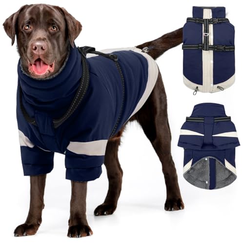 MIGOHI Thermal Large Dog Coat with Harness Waterproof Jacket for Large Dogs,Thick Dog Winter Coat,Snow Jacket for Dogs Windproof for Hunting Camping Chilly Days,Doberman,Great Dane,XXXL,NavyBlue