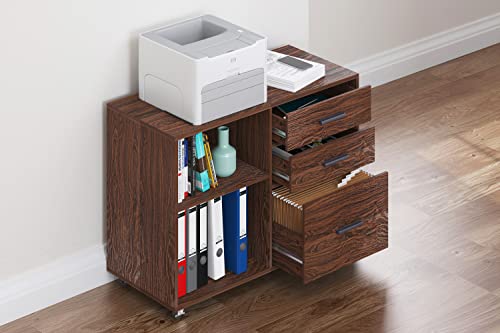 Spirich Office Lateral File Cabinet With 3 Drawers, Wood Mobile Lateral Filing Cabinet On Wheels, Printer Stand With Open Storage Shelves For Home Office, Walnut #TOP2