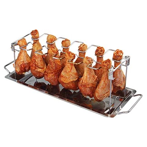 Chicken Wing Leg Rack BBQ Chicken Drumsticks Rack Stainless Steel Hang Up to 12 Chicken Legs or Wings, Metal Roaster Stand with Drip Tray for Kamado Joe Big Size Green Egg, Smoker Grill or Oven Cover