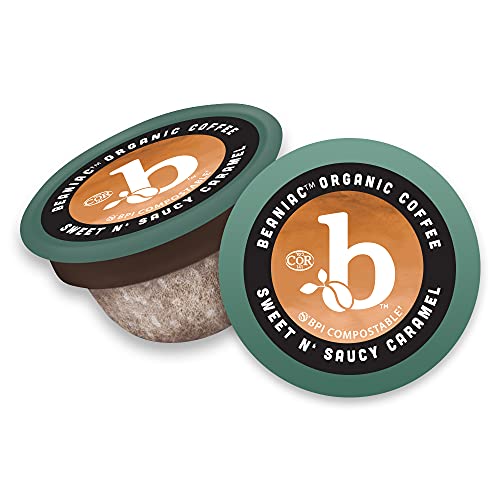 Beaniac Sweet N' Saucy Caramel, Flavored Light Roast, Single Serve Coffee K Cup Pods, Rainforest Alliance Certified Organic Arabica Coffee With Natural Flavors, 30 Compostable Coffee Pods, Keurig Brewer Compatible #TOP3
