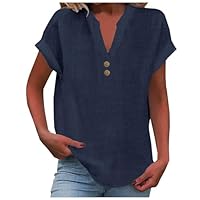 Chemisiers et Blouses Femme, Tunique en Coton et Lin à Manches Courtes et Col en V avec Boutons pour Femmes, Couleur Unie, Tee Shirt Femme
